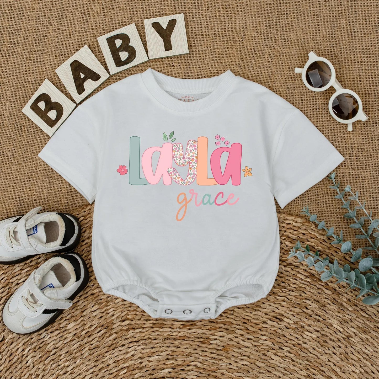 Layla Grace Bubble Romper Baby Girl Floral Name Outfit Custom Pastel Font Sweet Whimsical Infant Clothes Coming Home Gift