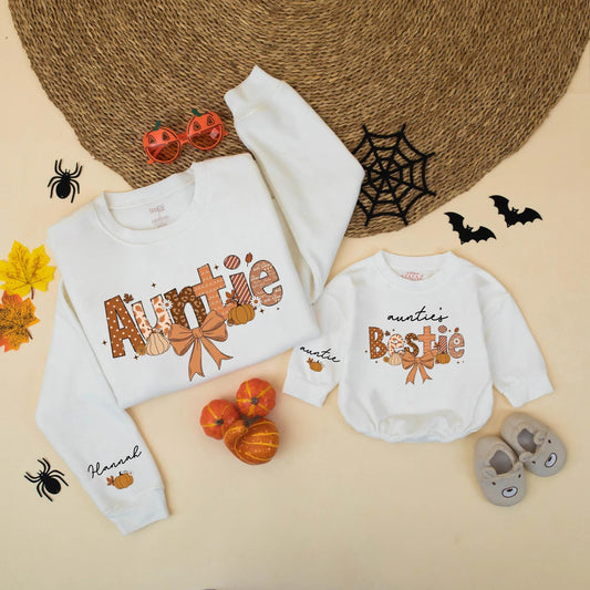 Matching Auntie & Auntie's Bestie Fall Sweatshirts, Personalized Thanksgiving Family Sweater, Pumpkin Design Gift for Aunt & Niece