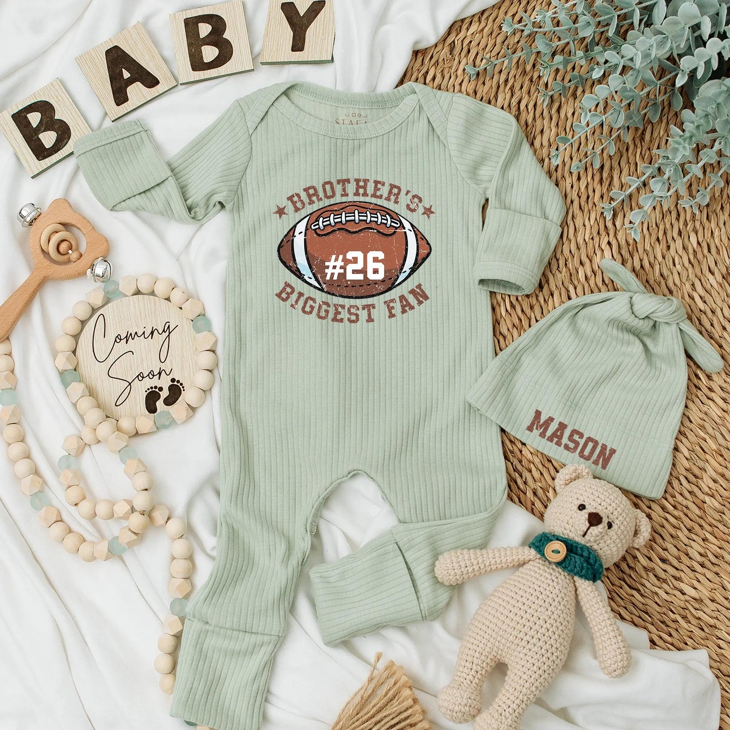 Brother's Biggest Fan Baby Bodysuit Football #26 Brown White Sports Newborn Clothes Game Day Outfit Baby Shower Gift
