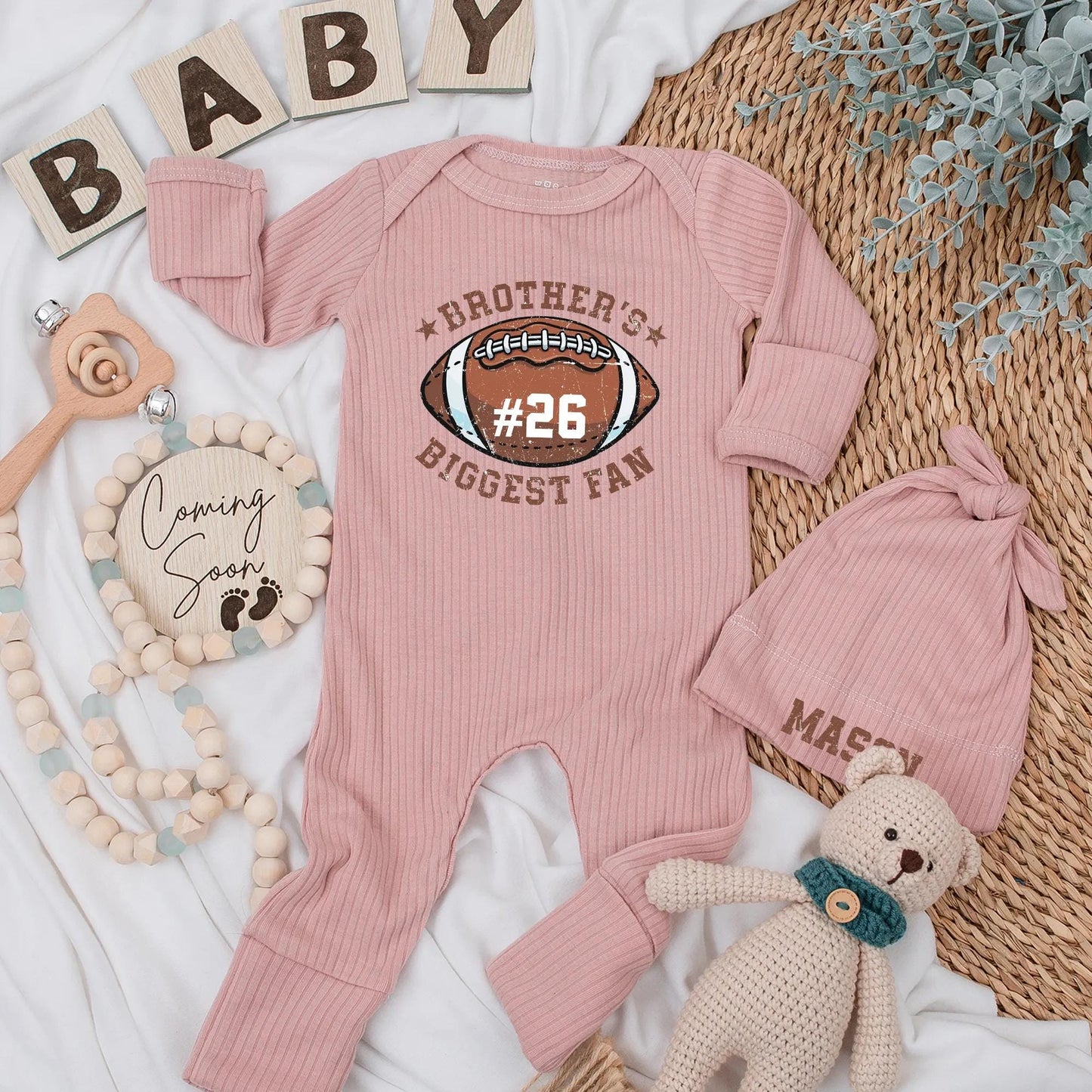 Brother's Biggest Fan Baby Bodysuit Football #26 Brown White Sports Newborn Clothes Game Day Outfit Baby Shower Gift
