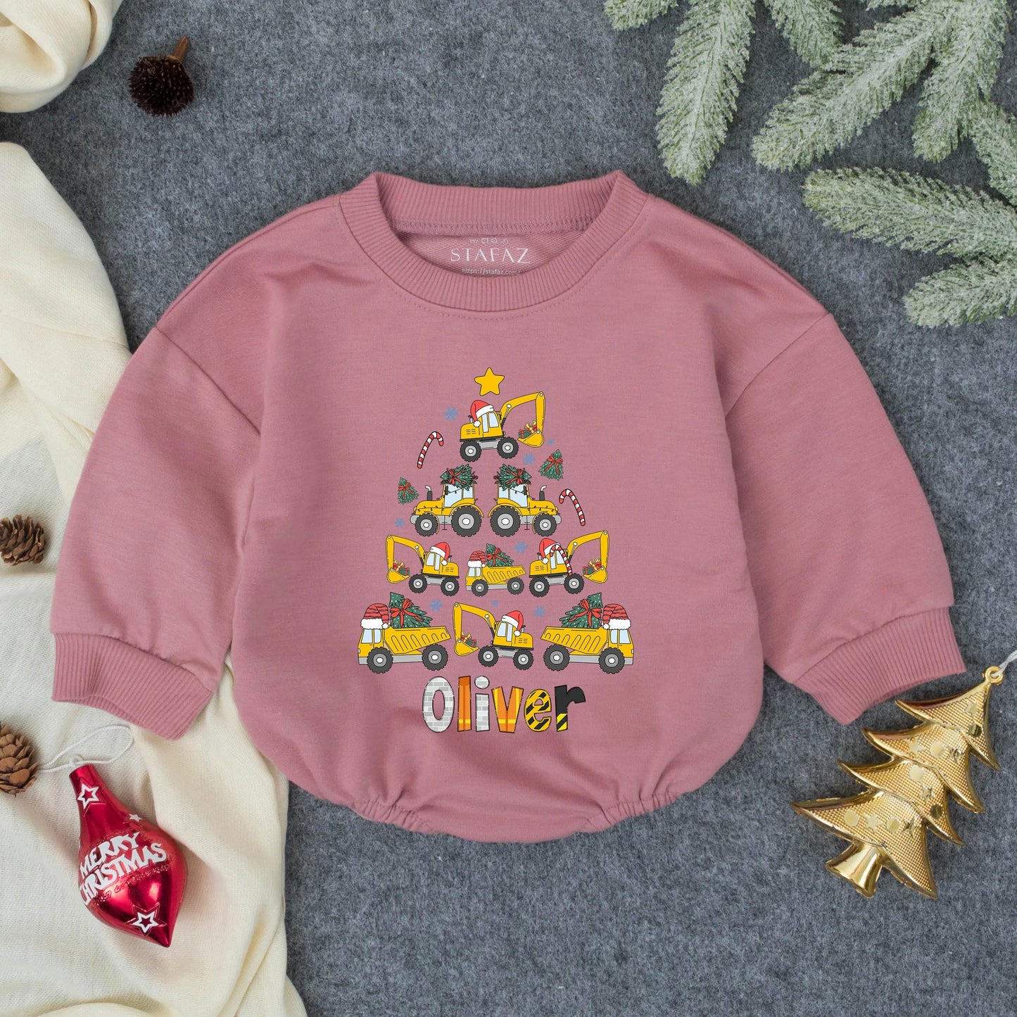 Personalized Excavator Boy Bubble Romper Christmas Baby Boy Outfit, Winter Clothes Baby Shower Gift, Custom Holiday Bodysuit