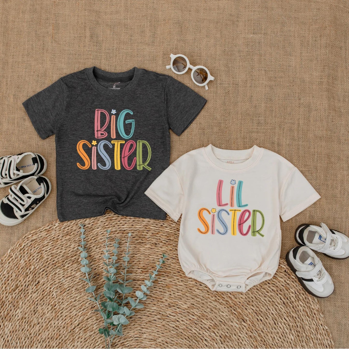 Big Sister Lil Sister Matching Colorful Floral Shirts for Baby Girls and Toddlers Sibling Gift Outfit