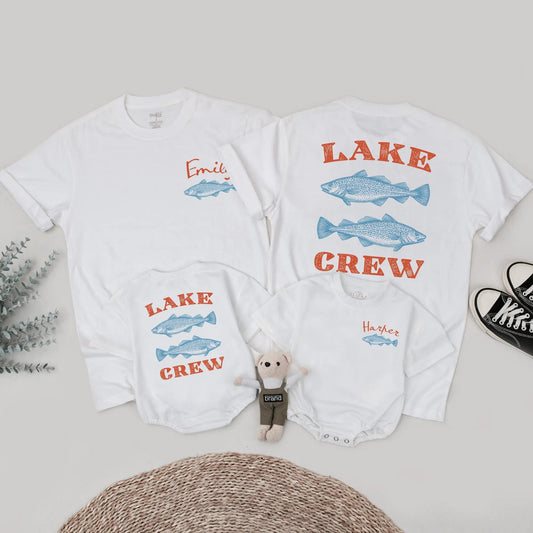 Custom Lake Crew Matching Family Shirts Vintage Fish Design Summer Vacation Outfits Personalized Red Cursive Name Tees Family Group Trip Clothes