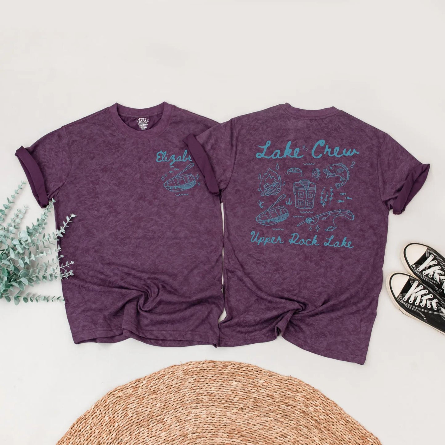 Matching Lake Crew Family Shirts Summer Vacation Outfit: Hand-Drawn Blue Design with Campfire, Fishing & Lake Fun! Custom Harper