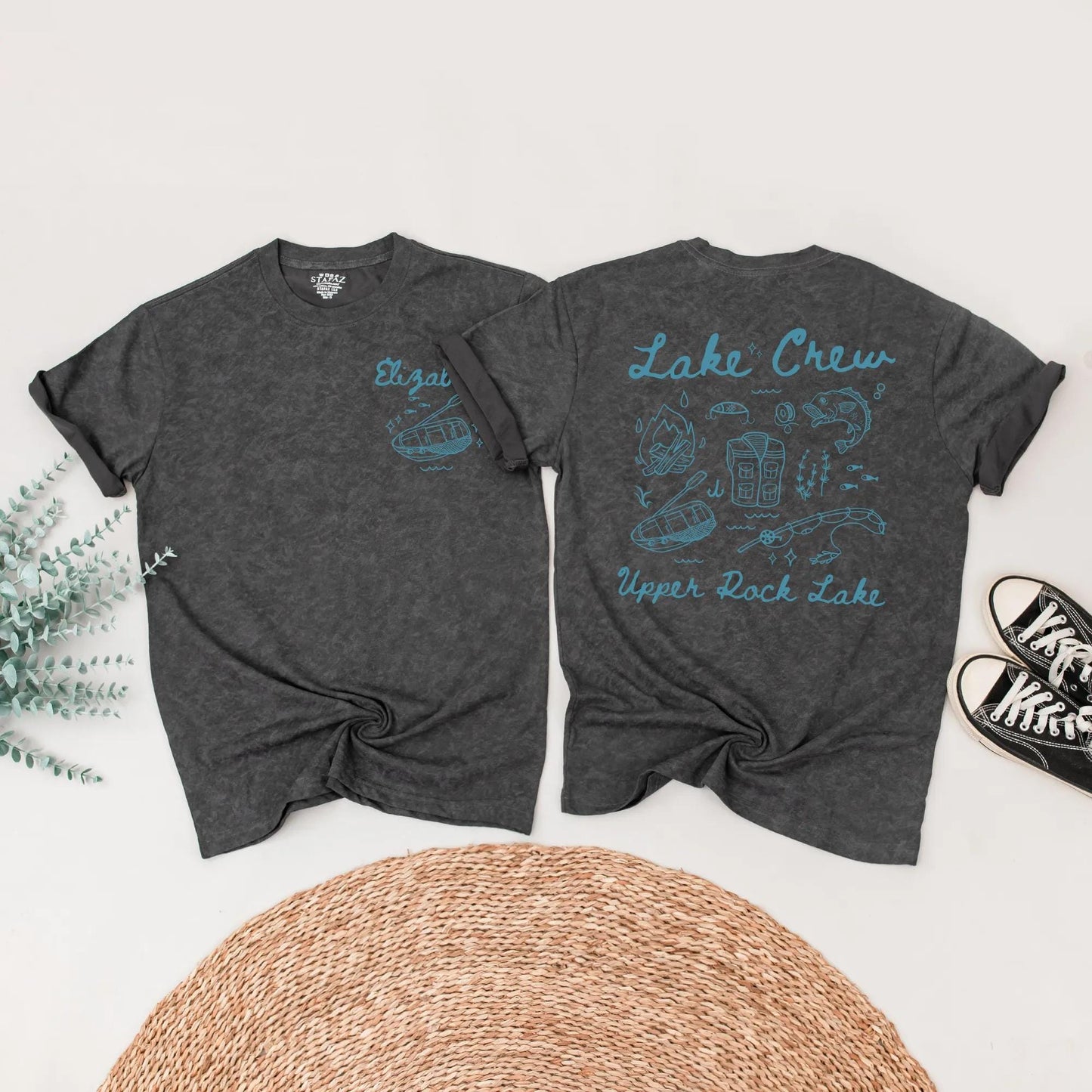 Matching Lake Crew Family Shirts Summer Vacation Outfit: Hand-Drawn Blue Design with Campfire, Fishing & Lake Fun! Custom Harper