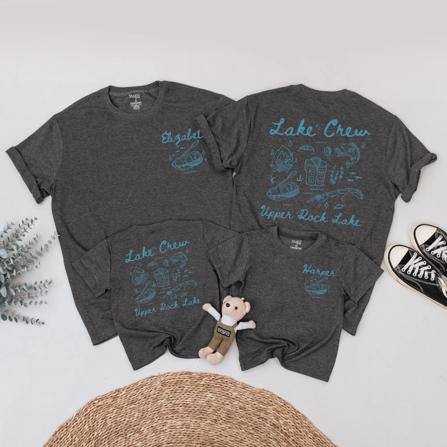 Matching Lake Crew Family Shirts Summer Vacation Outfit: Hand-Drawn Blue Design with Campfire, Fishing & Lake Fun! Custom Harper
