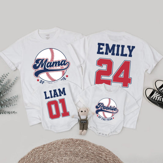 Rookie of the Year Baseball Matching Family Shirts, Mama and Baby Outfits, Navy Red Game Day Birthday, Custom Name Number Sport First Birthday Gift 138