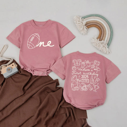 Personalized First Birthday Football Bubble Romper Baby Boy Monochromatic Brown Hand-Drawn Sports One Year Old "One" Design Bodysuit