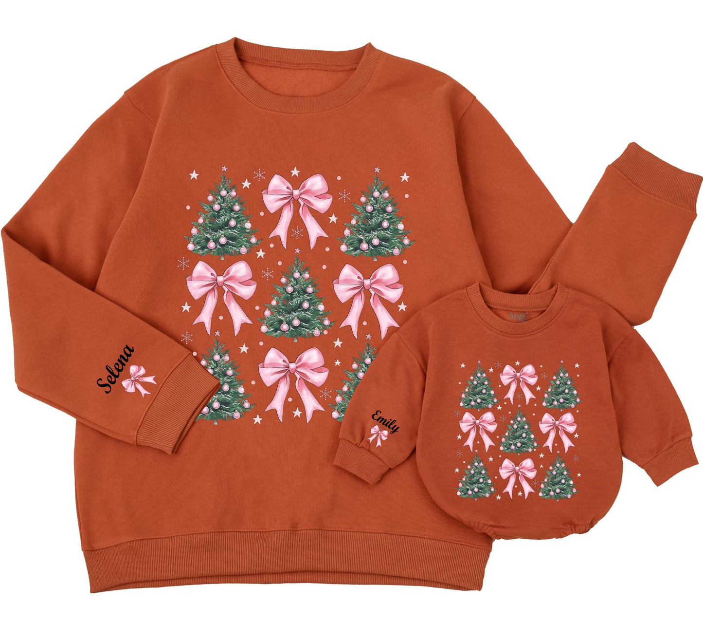 Personalized Matching Family Christmas Tree Pink Bow Outfits Green Trees Pink Ornaments Snowflakes Girly Winter Holiday Apparel with Names