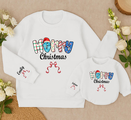 Merry Christmas Sweatshirt Personalized Holiday Sweater with Bows, Trendy Xmas Outfit for Women, Toddler, Baby Romper - Emily & Selena Names 138