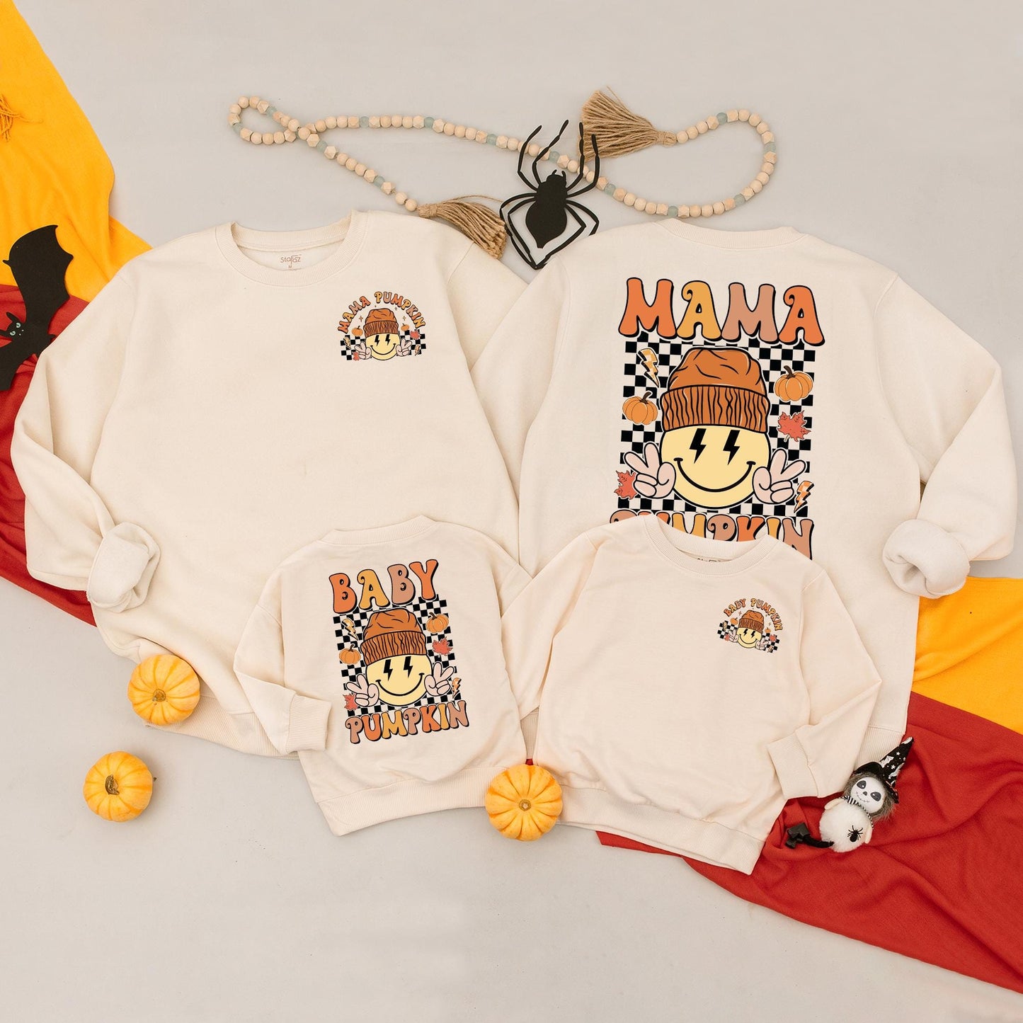 Mommy and Me Mama Pumpkin Baby Pumpkin Matching Fall Halloween Sweatshirt Outfit for Mom & Baby, Retro Smiley Design Cheerful Autumn Thanksgiving Clothes