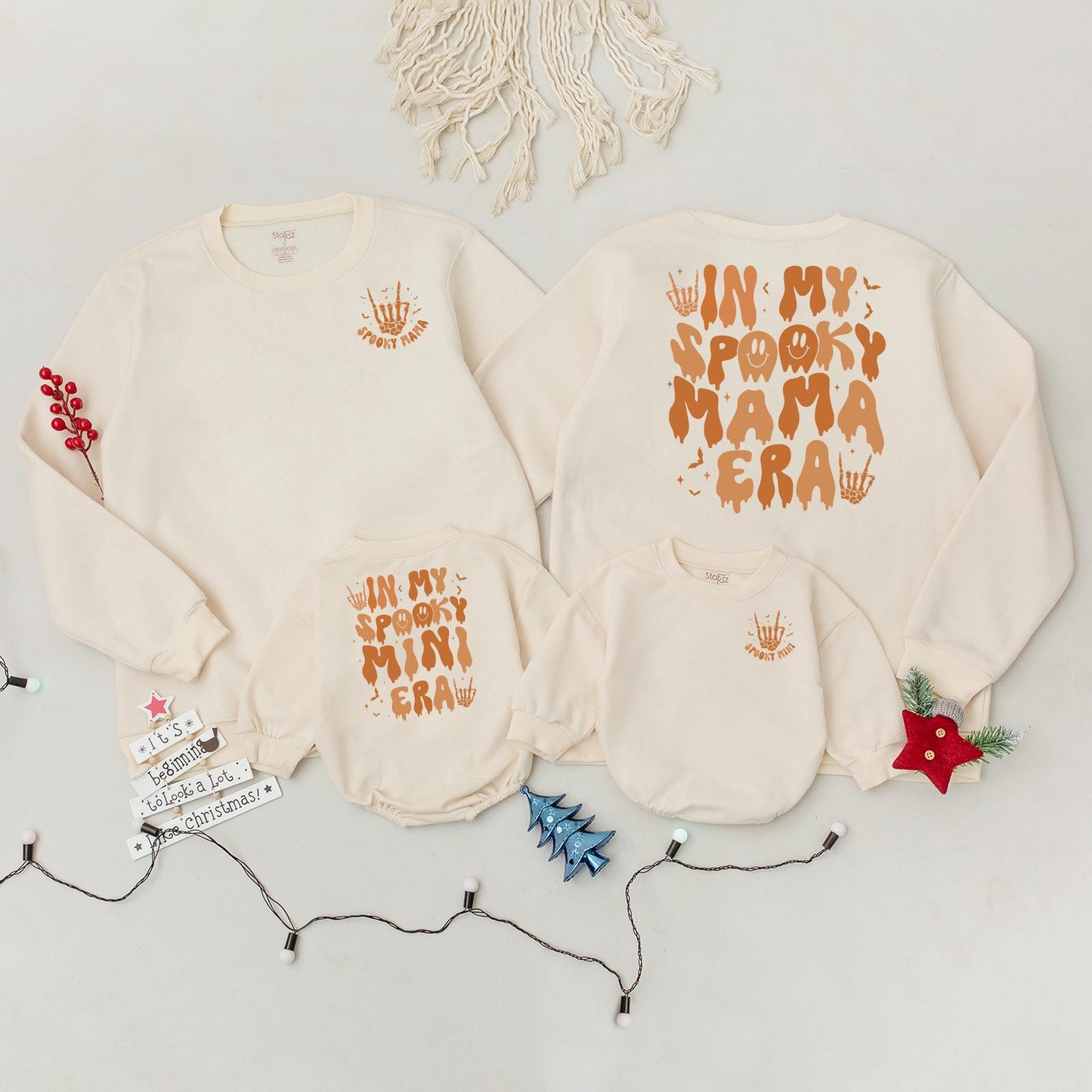 Spooky Mama Era & Mini Matching Halloween Sweatshirt Baby Outfit Mom Baby Rock On Skeleton Hand Warm Orange Autumn Festive Fall Clothes