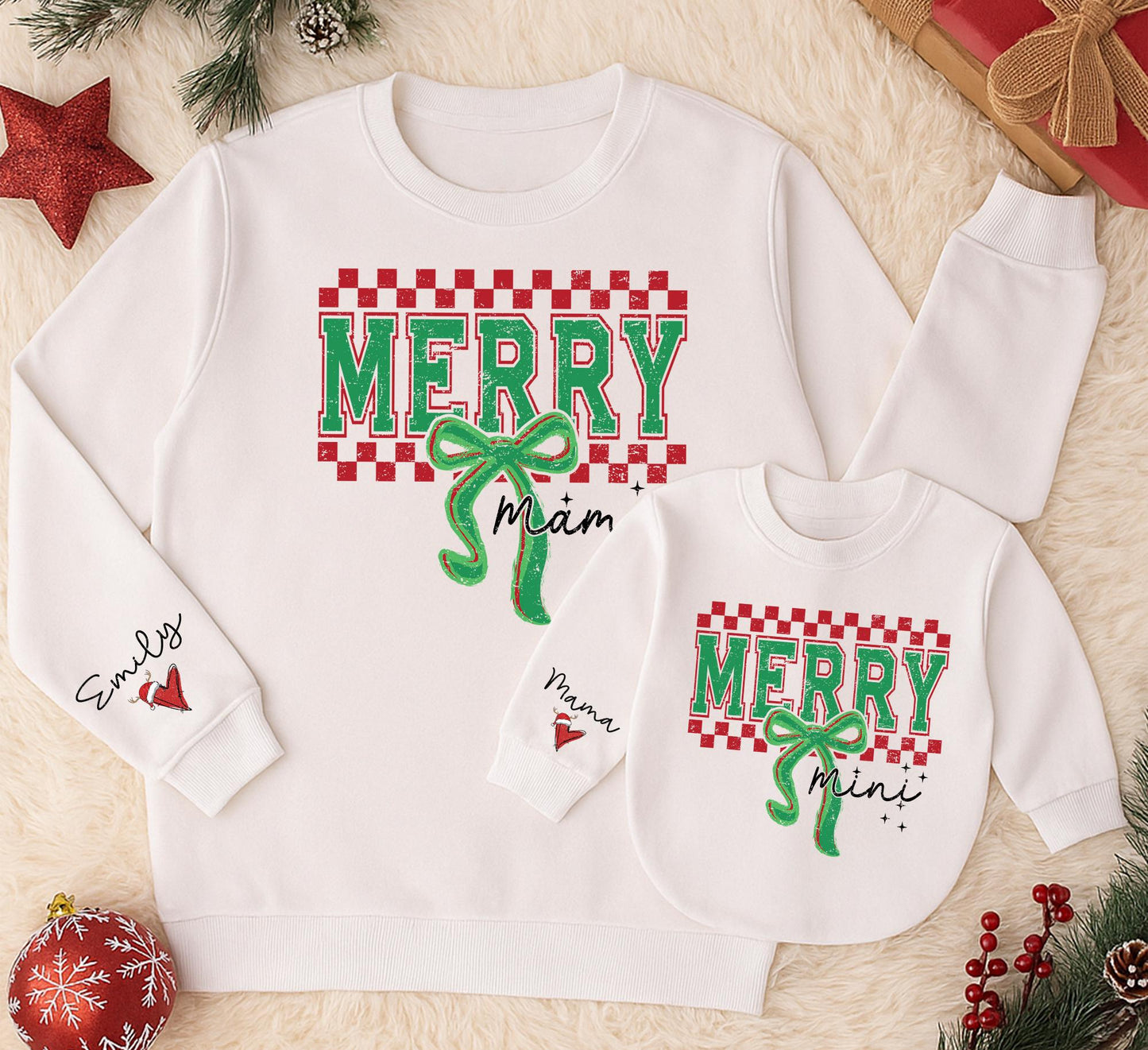 Personalized Merry Mama Mini Matching Christmas Sweatshirt Mom Daughter Baby Holiday Sweater with Emily Santa Hat Green Red Checkerboard Distressed
