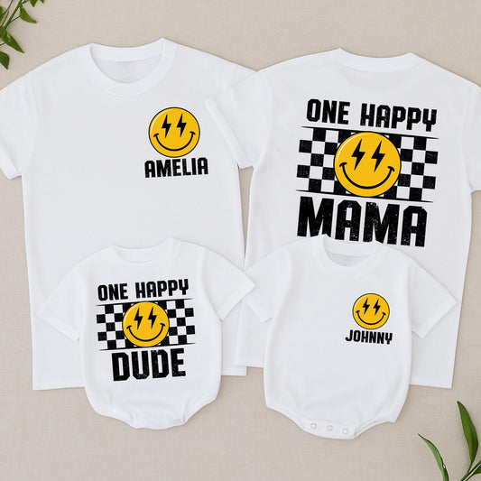 One Happy Dude Retro Smiley Face Lightning Eyes Birthday Shirt Custom Name Family Tees 1st Birthday Outfit