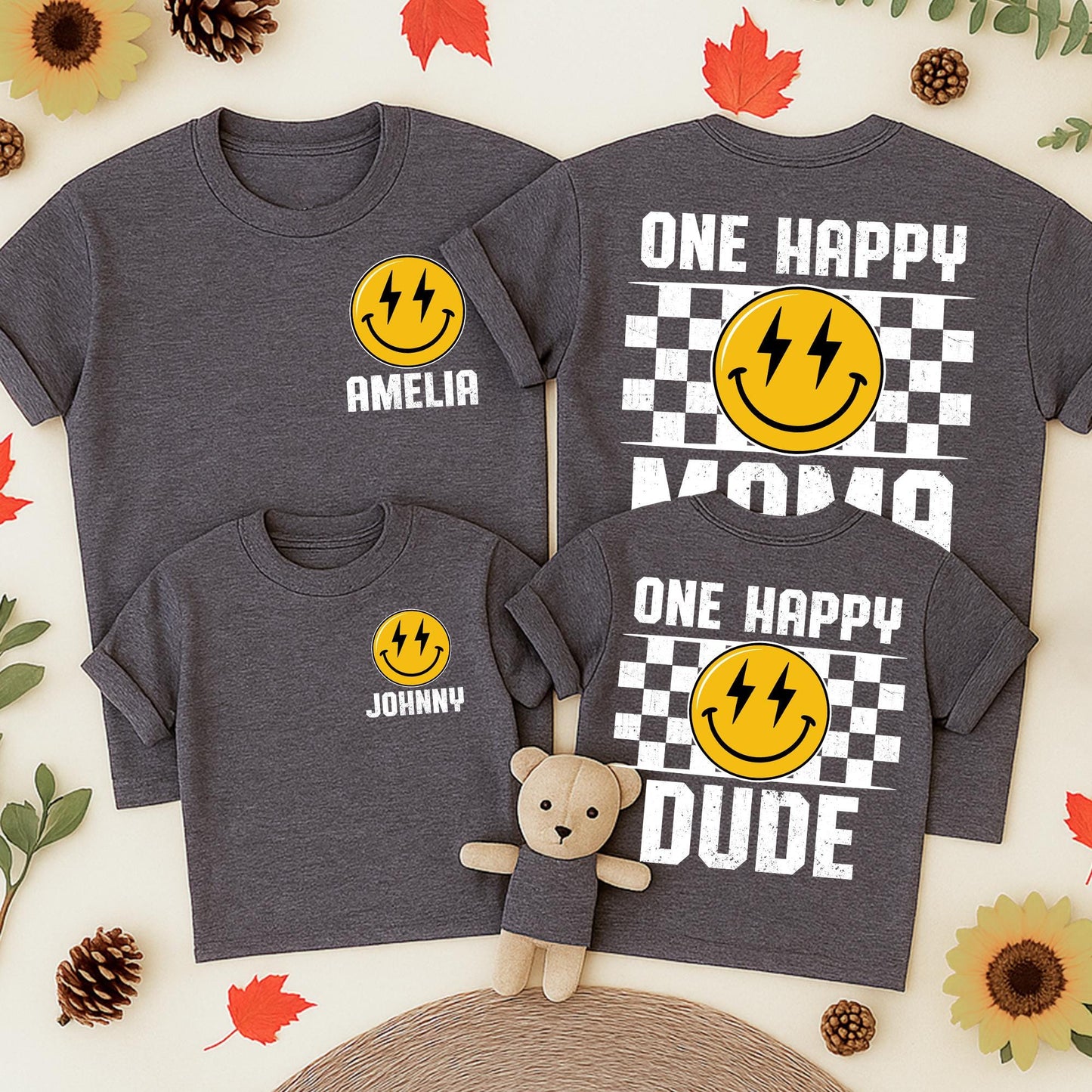 One Happy Dude Retro Smiley Face Lightning Eyes Birthday Shirt Custom Name Family Tees 1st Birthday Outfit