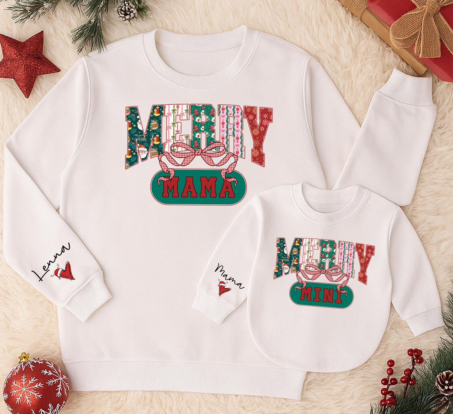 Retro Merry Mama & Mini Sweatshirt Set, Vintage Christmas Family Outfit, Red Green Pink Holiday Sweaters, Mom Daughter Matching Xmas Gift Idea 139