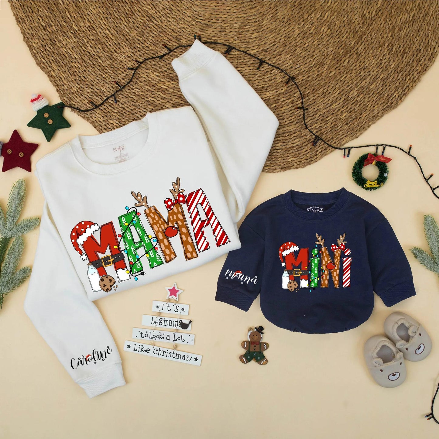 Matching Christmas Mama and Mini Sweatshirts, Festive Holiday Family Outfits with Santa Hats & Candy Cane Stripes, Mom and Daughter Gift (139 chars)