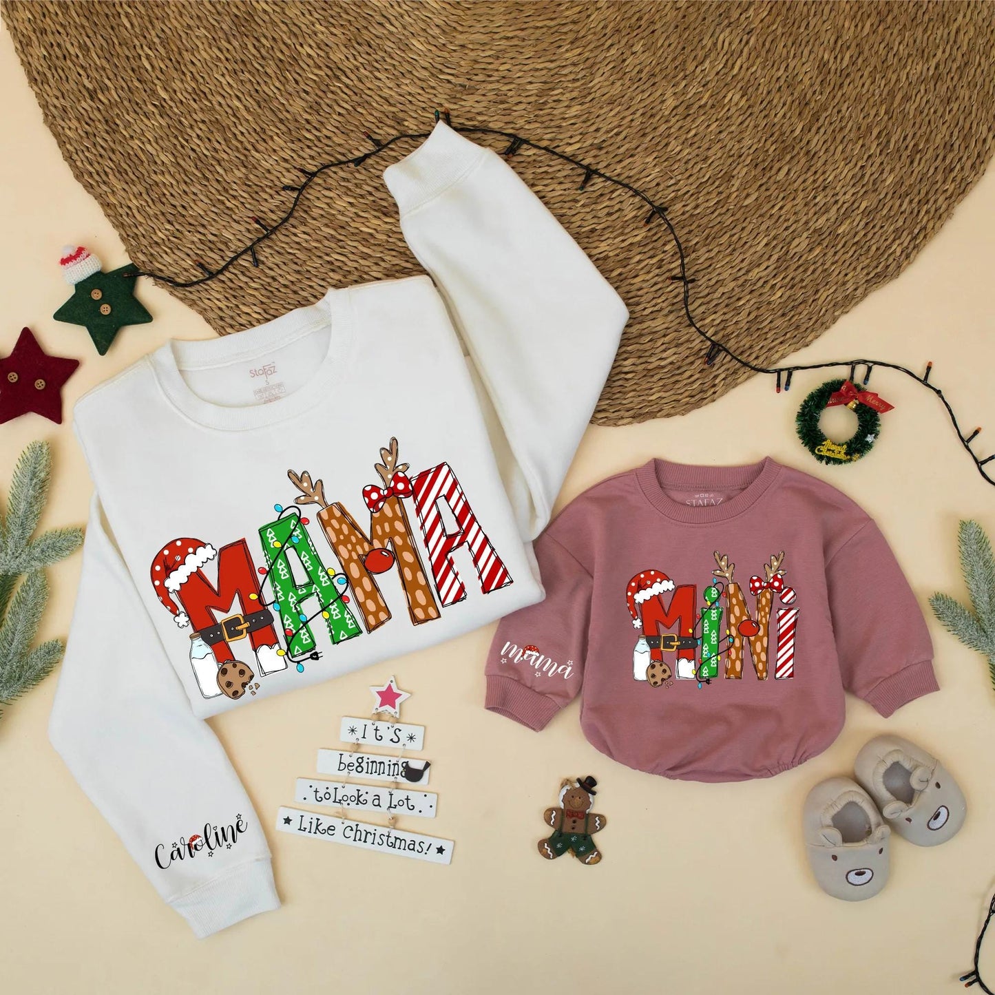 Matching Christmas Mama and Mini Sweatshirts, Festive Holiday Family Outfits with Santa Hats & Candy Cane Stripes, Mom and Daughter Gift (139 chars)