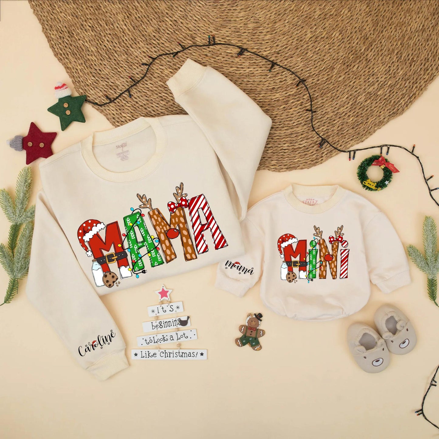 Matching Christmas Mama and Mini Sweatshirts, Festive Holiday Family Outfits with Santa Hats & Candy Cane Stripes, Mom and Daughter Gift (139 chars)