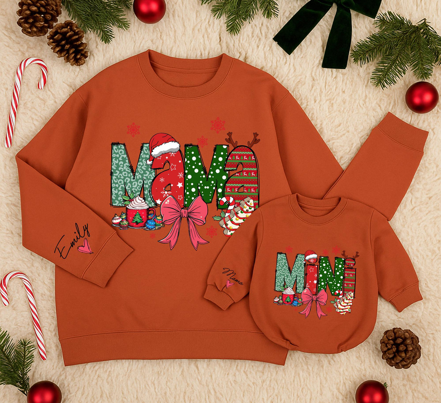 Mama and Mini Christmas Sweatshirt Matching Set, Festive Leopard Print Holiday Outfit for Mom Daughter, Cheerful Xmas Gift, Cozy Winter Clothes