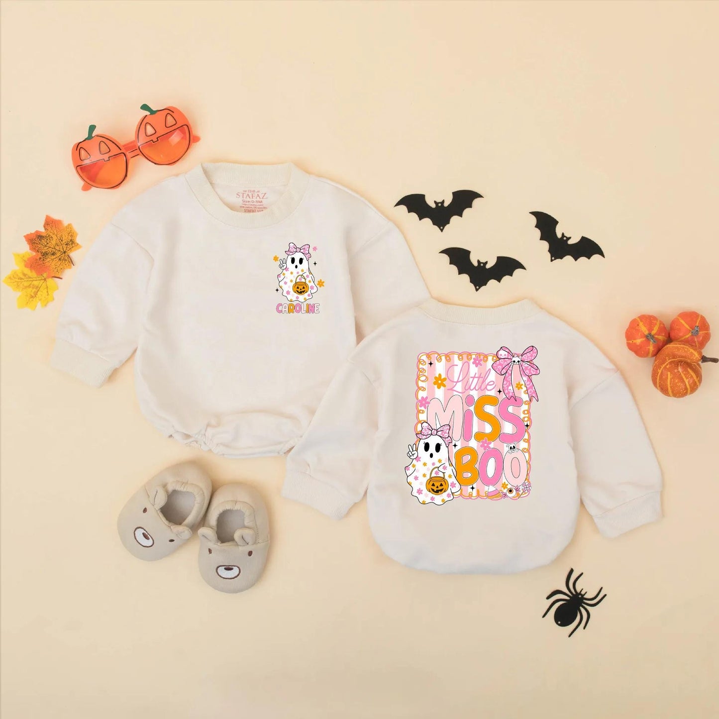 Personalized Little Miss Boo Romper: Custom Baby Girl Halloween Outfit with Cute Ghost & Bows, Fall Clothes, Spooky Season First Halloween Gift (138 chars)