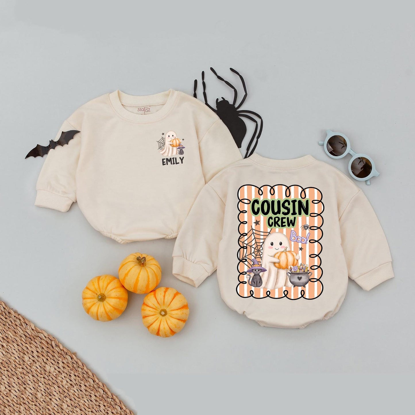 Personalized Cousin Crew Halloween Romper: Ghost, Cat, Pumpkin Fun! Matching Baby Outfit, Custom Name 2025, Playful Halloween Kids Apparel (139 chars)