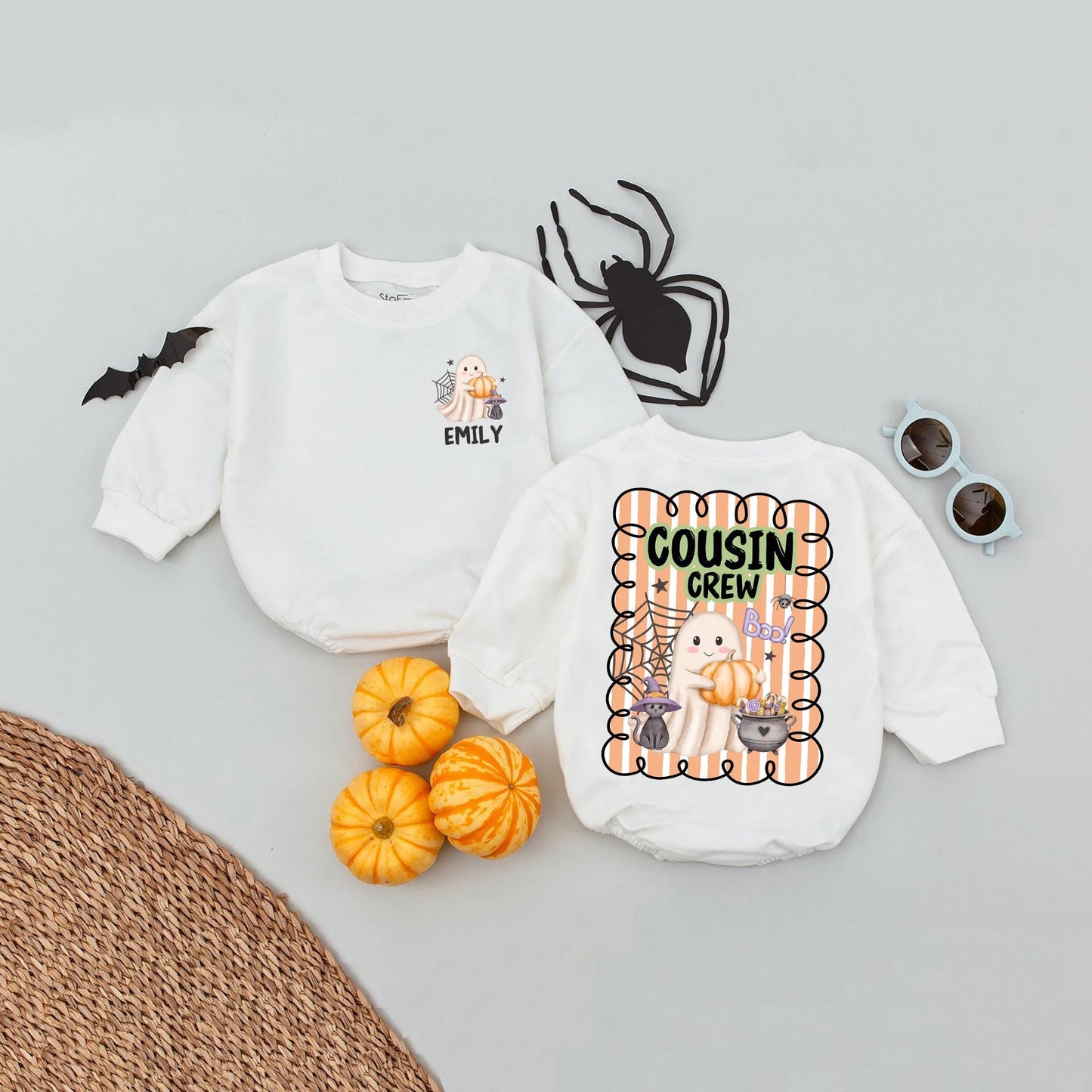 Personalized Cousin Crew Halloween Romper: Ghost, Cat, Pumpkin Fun! Matching Baby Outfit, Custom Name 2025, Playful Halloween Kids Apparel (139 chars)