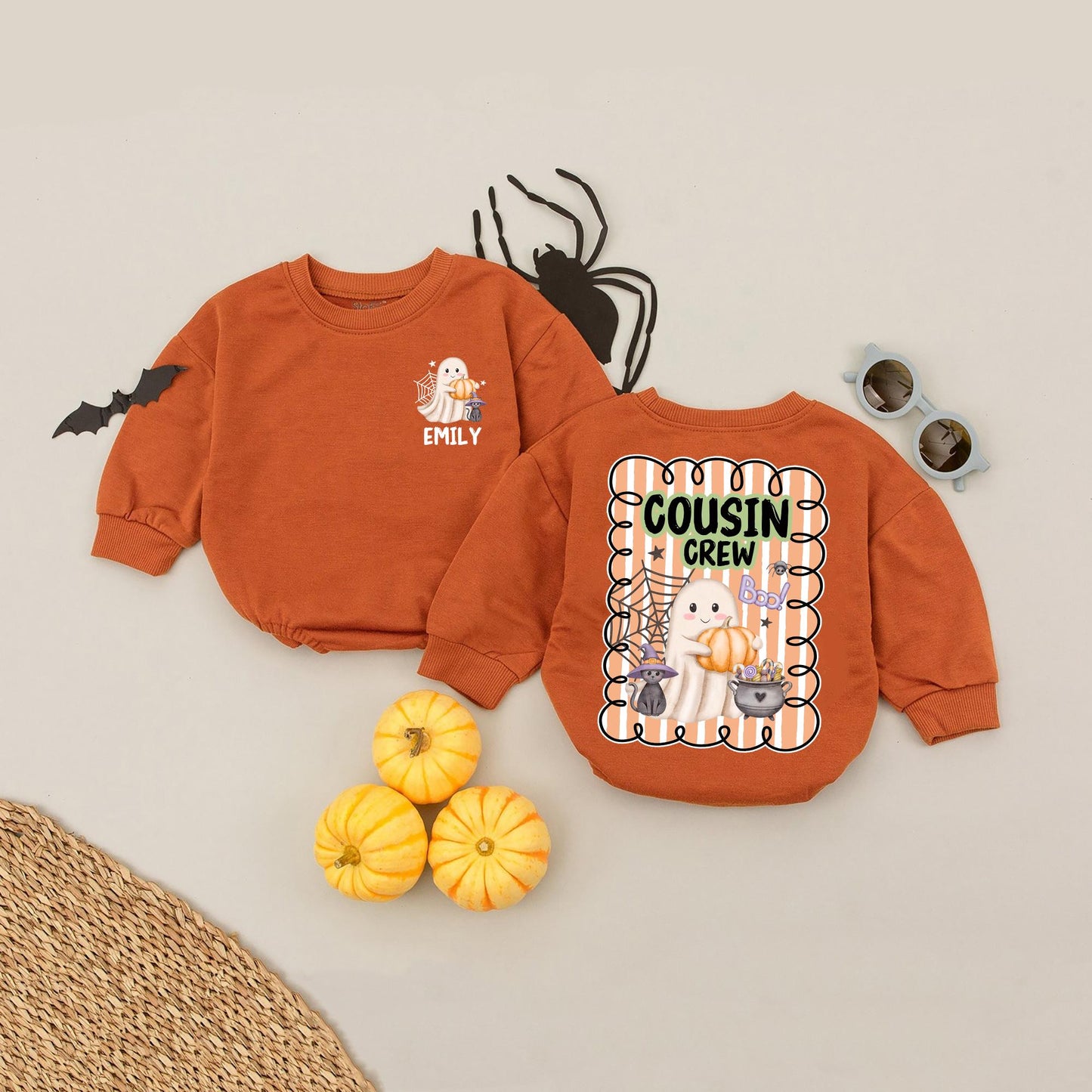 Personalized Cousin Crew Halloween Romper: Ghost, Cat, Pumpkin Fun! Matching Baby Outfit, Custom Name 2025, Playful Halloween Kids Apparel (139 chars)