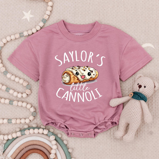 Custom Name Smiling Cannoli Baby Romper, Italian Foodie Infant Bodysuit, Playful Pastry Birthday Outfit with Whimsical Design