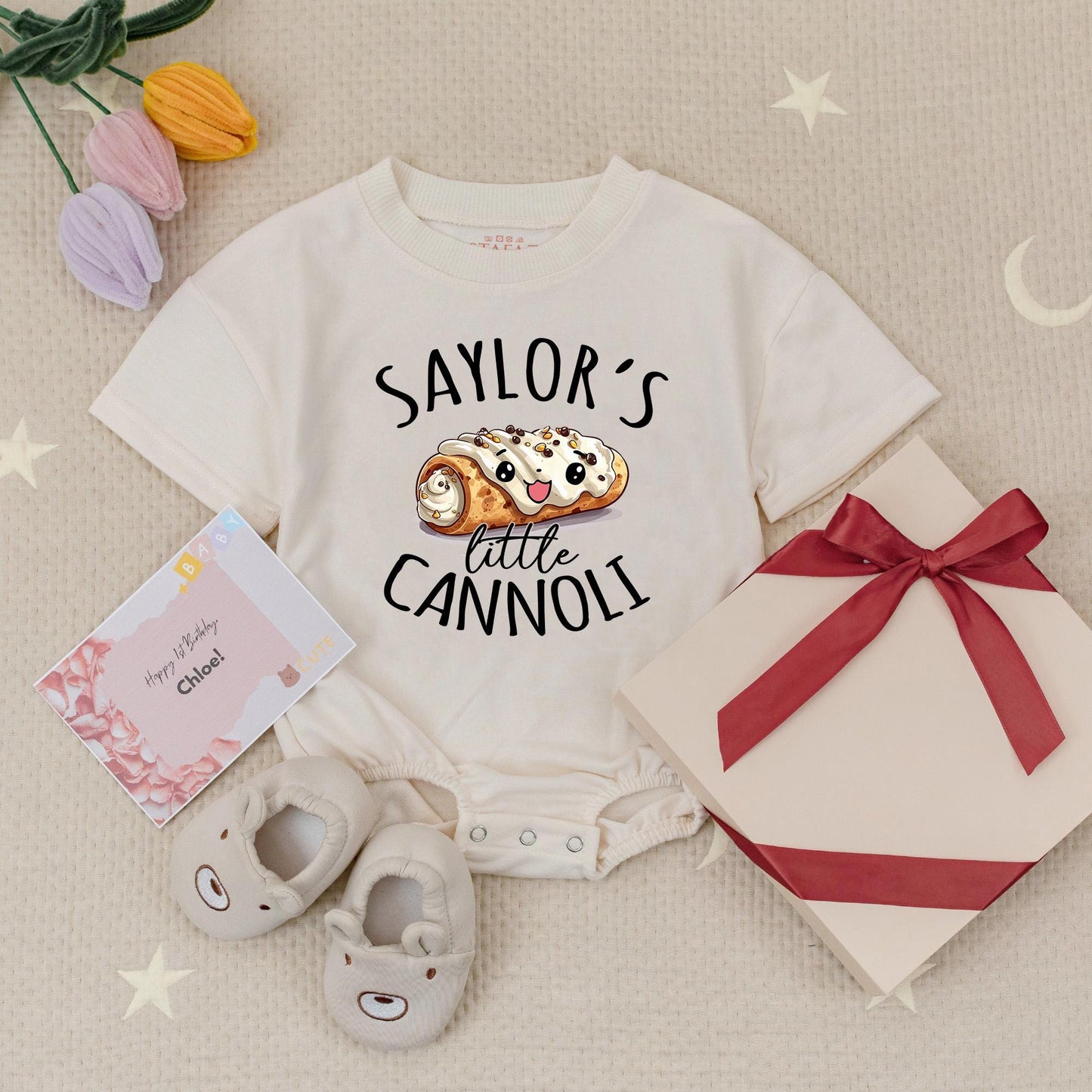 Custom Name Smiling Cannoli Baby Romper, Italian Foodie Infant Bodysuit, Playful Pastry Birthday Outfit with Whimsical Design