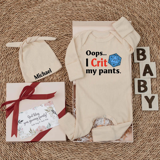 Oops I Crit My Pants Baby Bodysuit with Blue D20 Dice Design, Nerdy Newborn Outfit, Hilarious Baby Shower Gift for Gaming Parents, Funny Pregnancy Reveal, Gender Neutral Cotton Baby Clothes