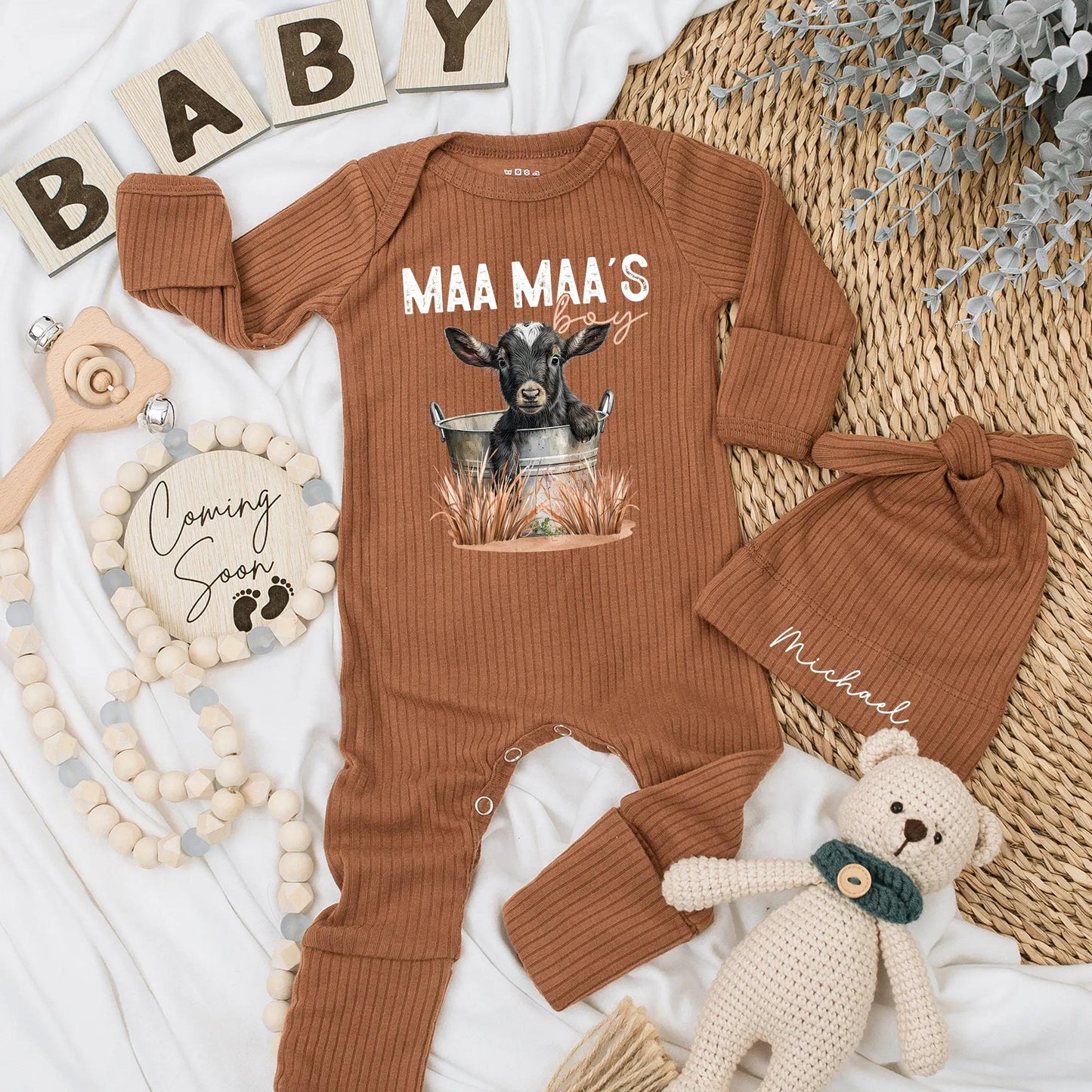 Maa Maa's Boy Baby Bodysuit with Cute Country Farm Goat Graphic Print, Newborn Romper for Baby Coming Home & Shower Gift Celebration