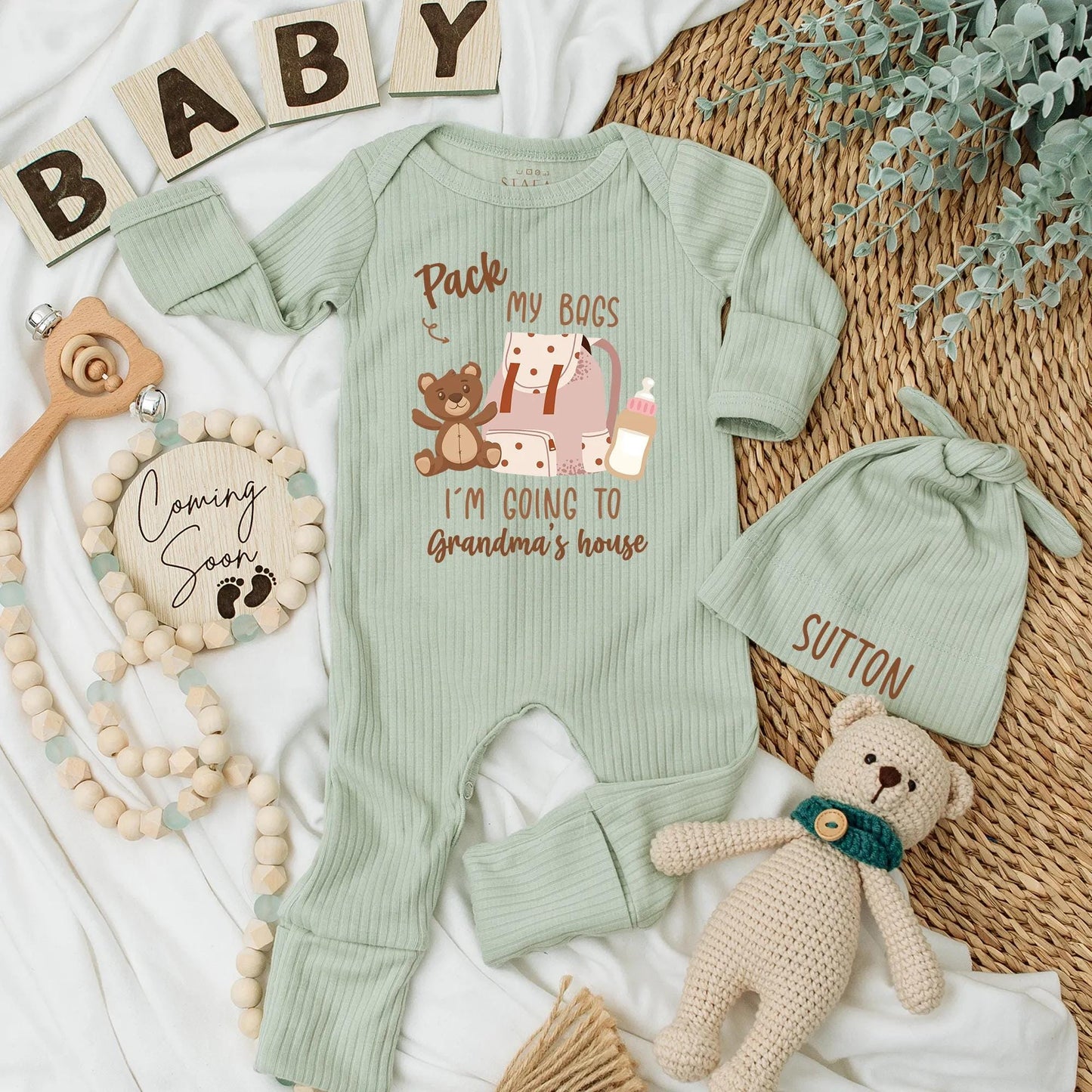 Grandma's House Baby Bodysuit: Pack My Bags Cute Newborn Outfit, Soft Cotton Coming Home Clothes, Funny Grandparent Gift, Neutral Colors 136