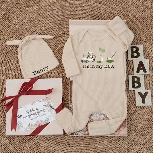 Golf Baby Bodysuit "It's In My DNA" Newborn Outfit with Golf Cart & Clubs Muted Greens Whites Browns Cute Sport Baby Shower Gift 138 Chars