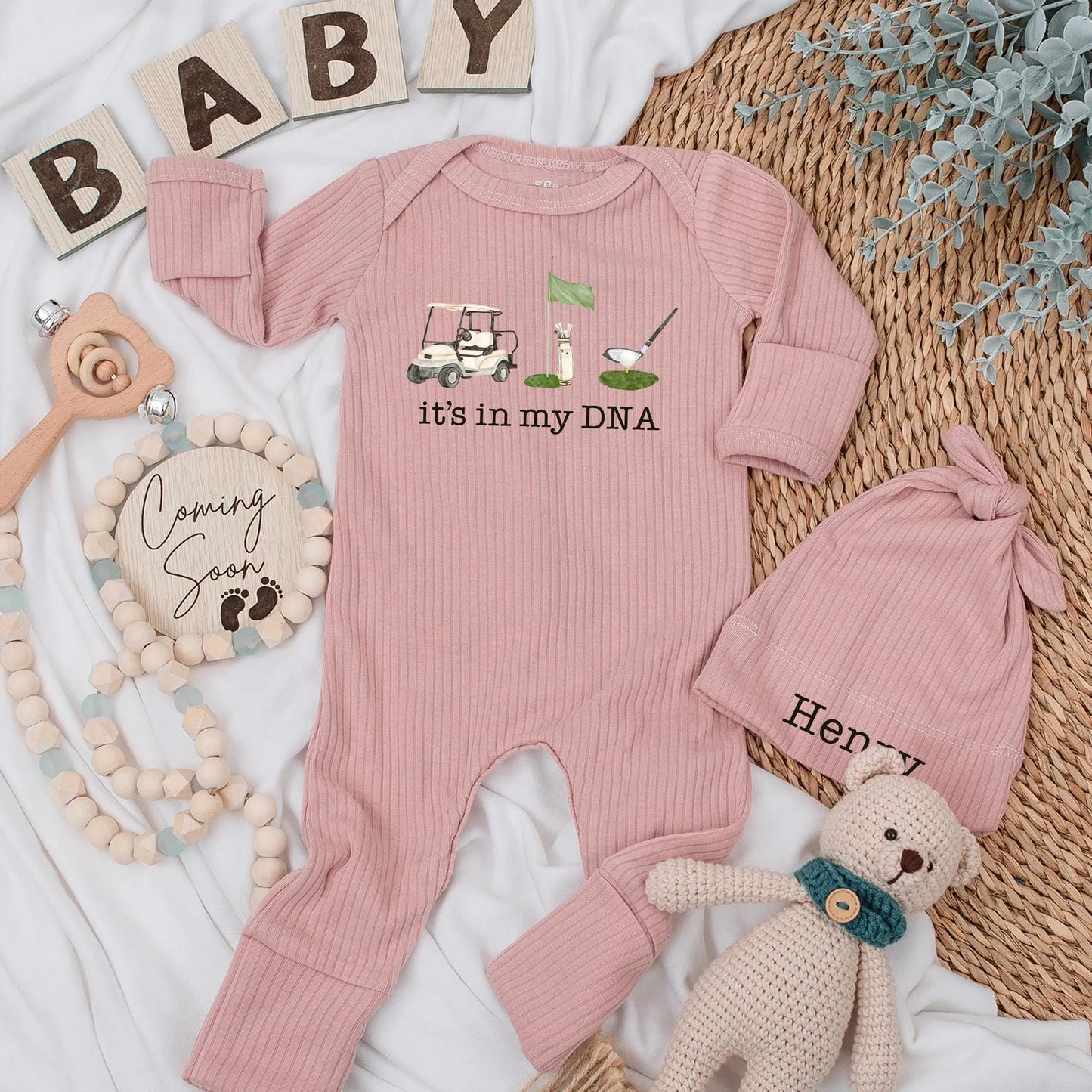 Golf Baby Bodysuit "It's In My DNA" Newborn Outfit with Golf Cart & Clubs Muted Greens Whites Browns Cute Sport Baby Shower Gift 138 Chars