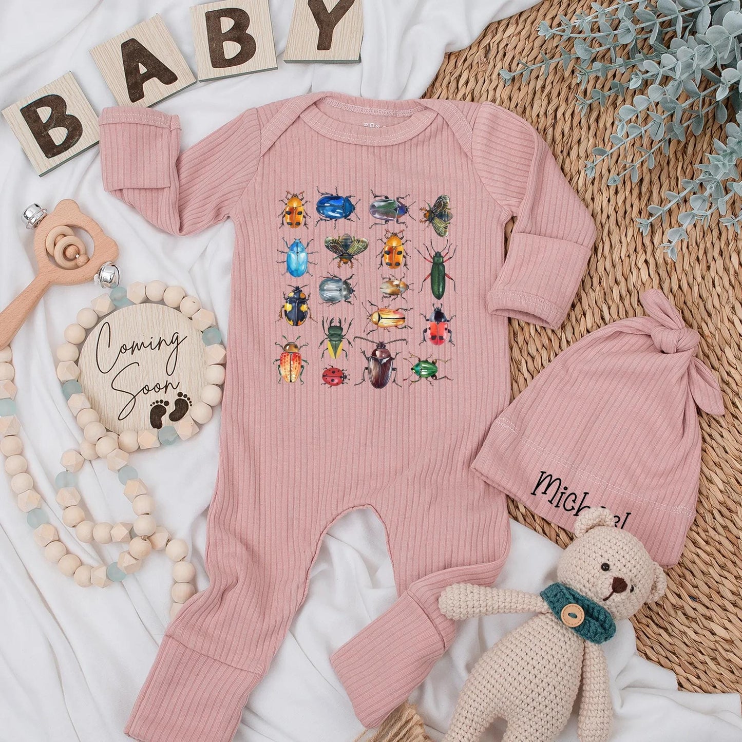 Personalized Baby Insect Bodysuit Colorful Bugs Newborn Outfit with Realistic Beetle Grid Illustrations, Baby Shower Gift & Coming Home
