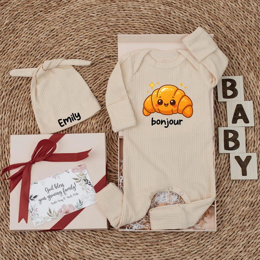 Cute Bonjour Croissant Baby Bodysuit French Food Newborn Outfit Baby Shower Gift Coming Home Outfit Girl Boy Romper