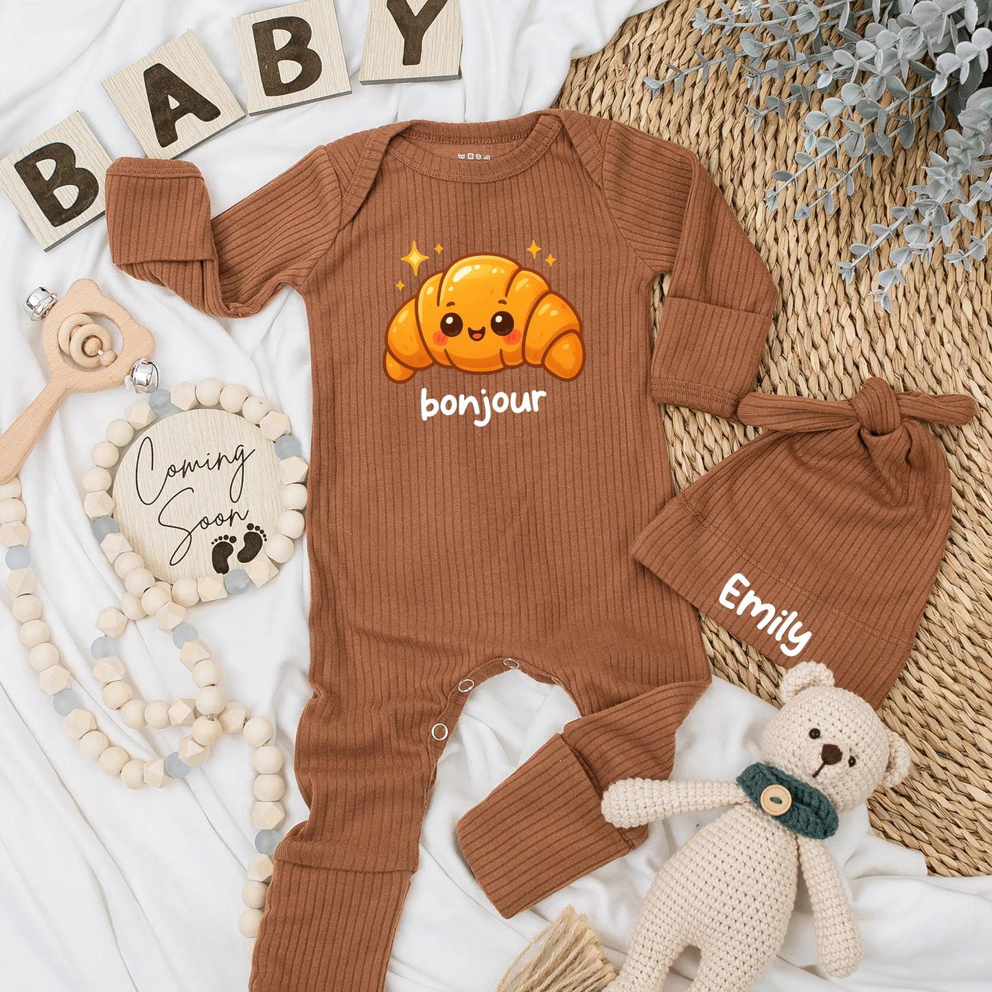 Cute Bonjour Croissant Baby Bodysuit French Food Newborn Outfit Baby Shower Gift Coming Home Outfit Girl Boy Romper