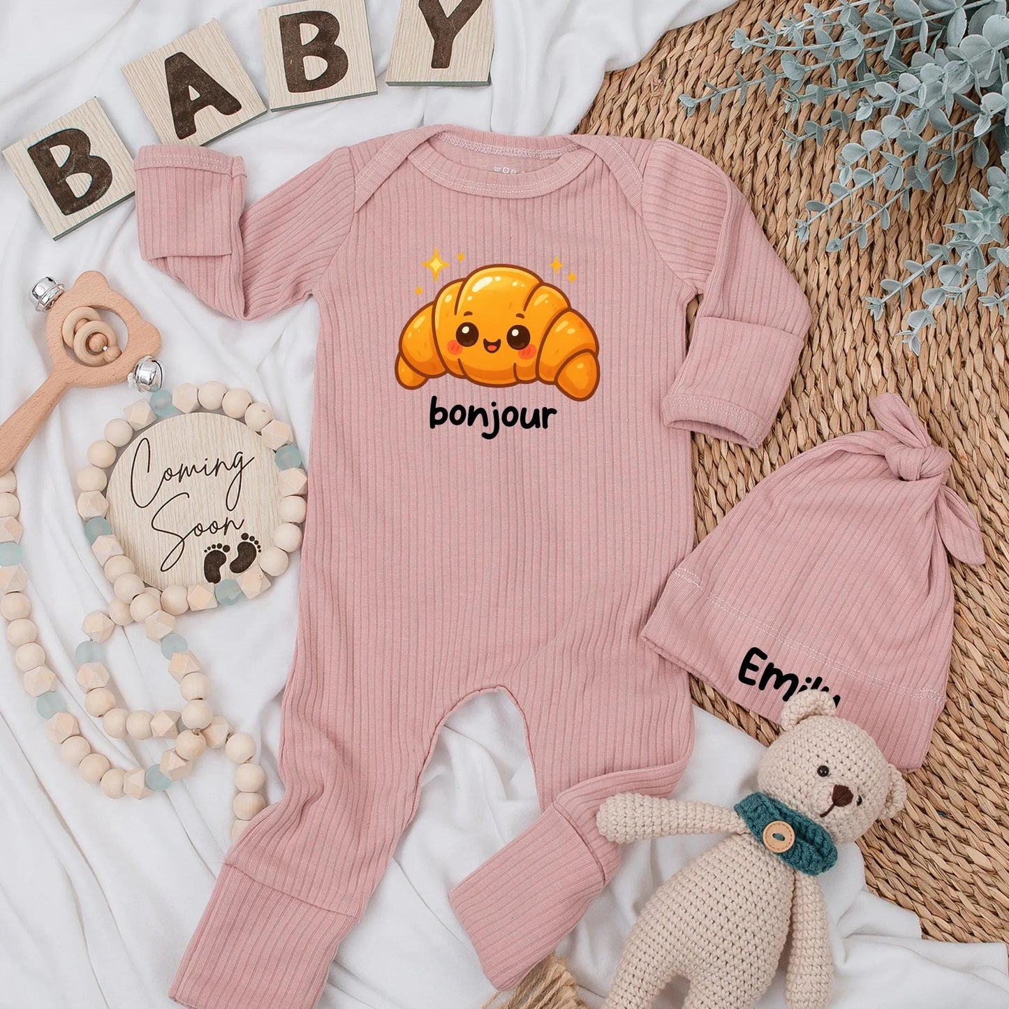 Cute Bonjour Croissant Baby Bodysuit French Food Newborn Outfit Baby Shower Gift Coming Home Outfit Girl Boy Romper