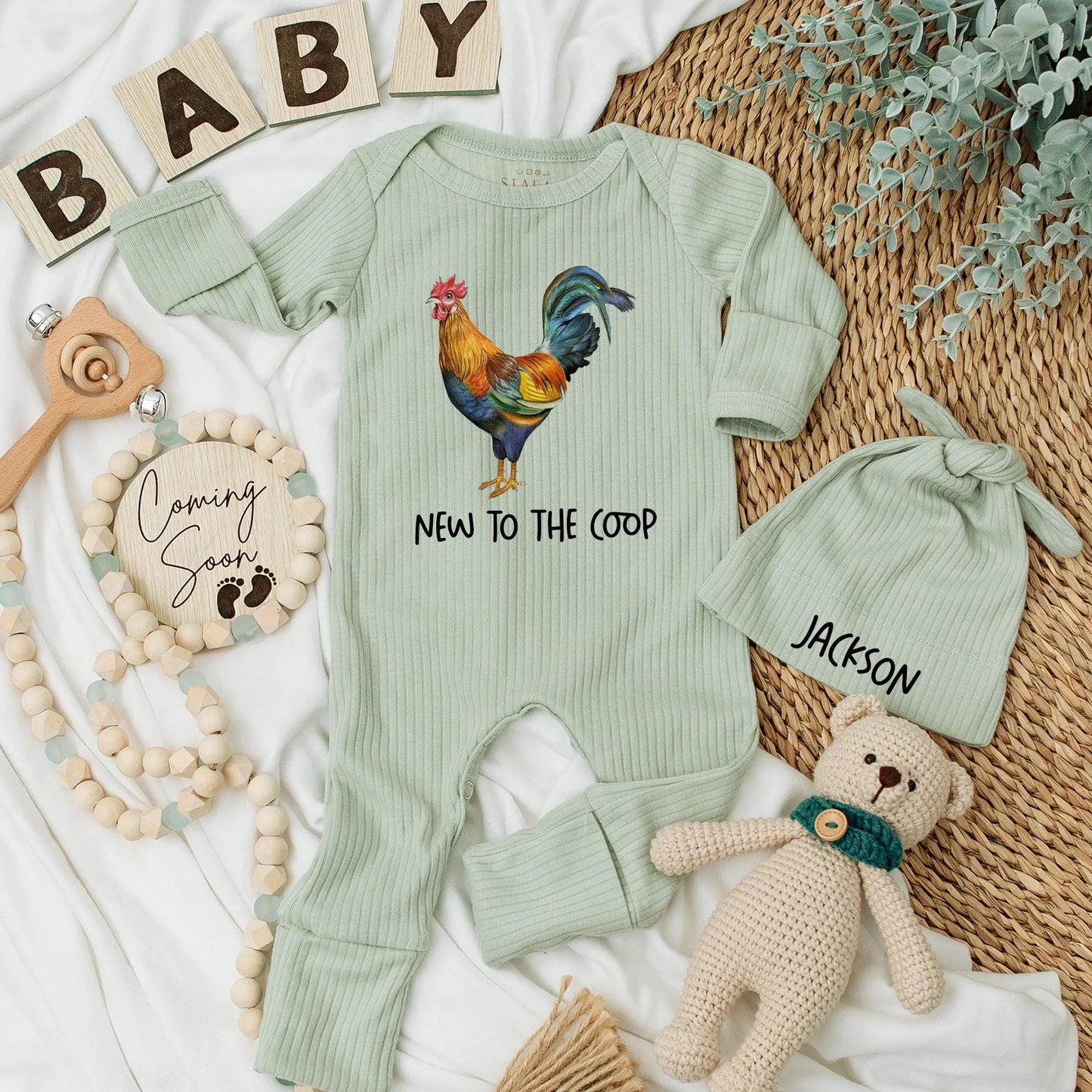 Vibrant Blue Green Red Rooster New to the Coop Baby Bodysuit Farm Animal Newborn Outfit Funny Chicken Baby Clothes Baby Shower Gift