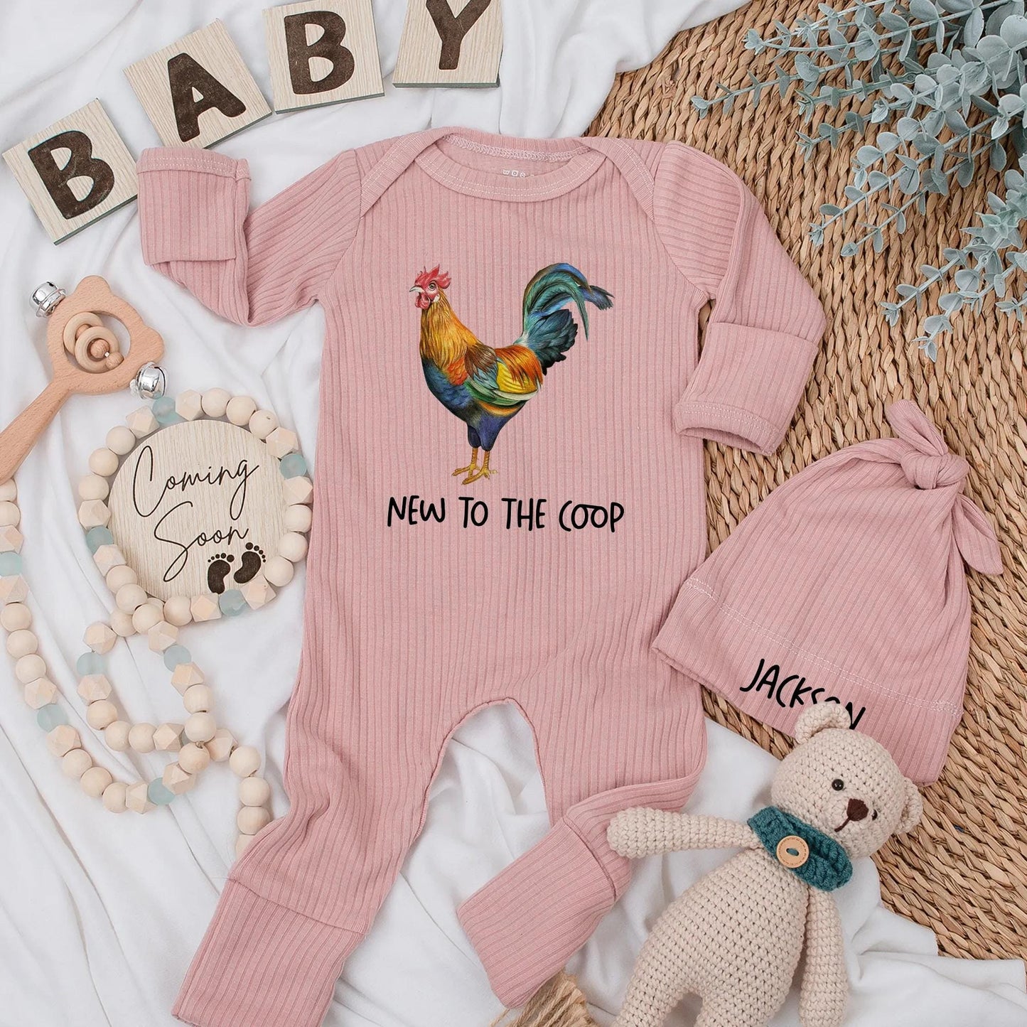Vibrant Blue Green Red Rooster New to the Coop Baby Bodysuit Farm Animal Newborn Outfit Funny Chicken Baby Clothes Baby Shower Gift