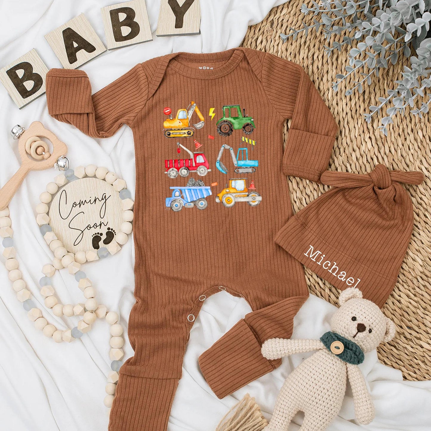 Construction Zone Baby Bodysuit: Cartoon Trucks & Tractors Outfit, Personalized Newborn Gift for Boy, Fun Vehicle Print Clothes Set, Baby Shower Present (138 chars)