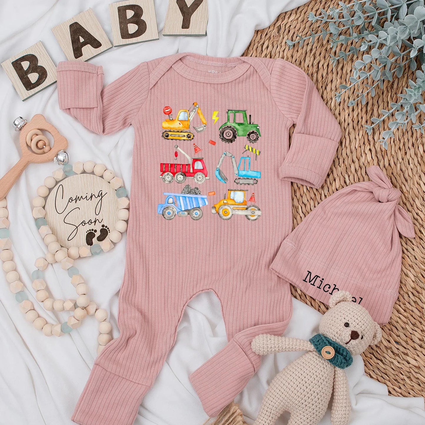Construction Zone Baby Bodysuit: Cartoon Trucks & Tractors Outfit, Personalized Newborn Gift for Boy, Fun Vehicle Print Clothes Set, Baby Shower Present (138 chars)