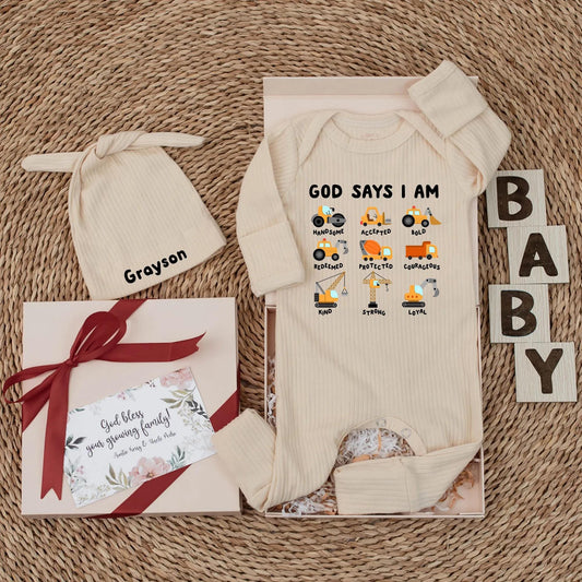 God Says I Am Baby Bodysuit Construction Trucks Outfit Christian Newborn Romper Handsome Accepted Baby Clothes Gift Truck Lover Courageous Kind Strong 137