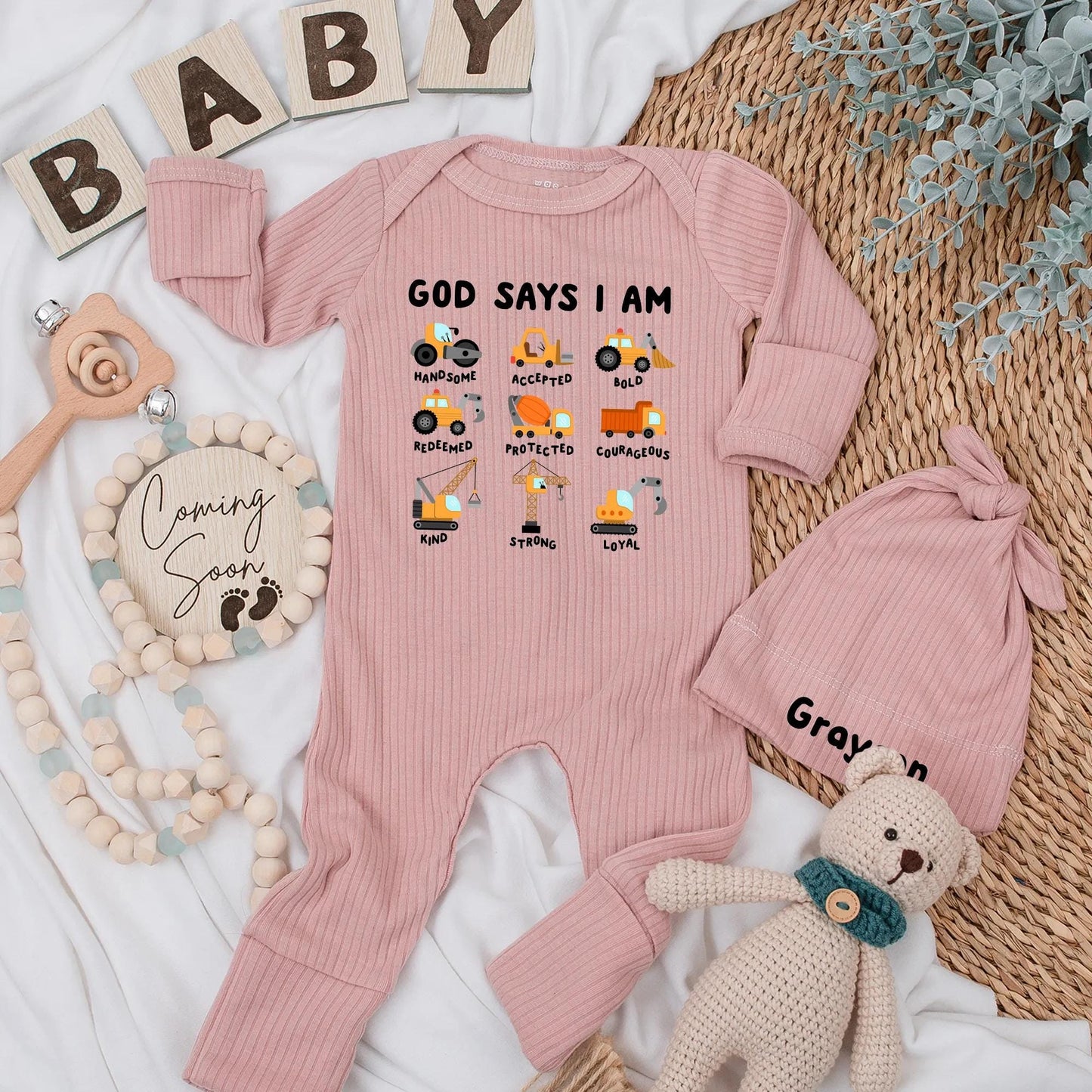 God Says I Am Baby Bodysuit Construction Trucks Outfit Christian Newborn Romper Handsome Accepted Baby Clothes Gift Truck Lover Courageous Kind Strong 137
