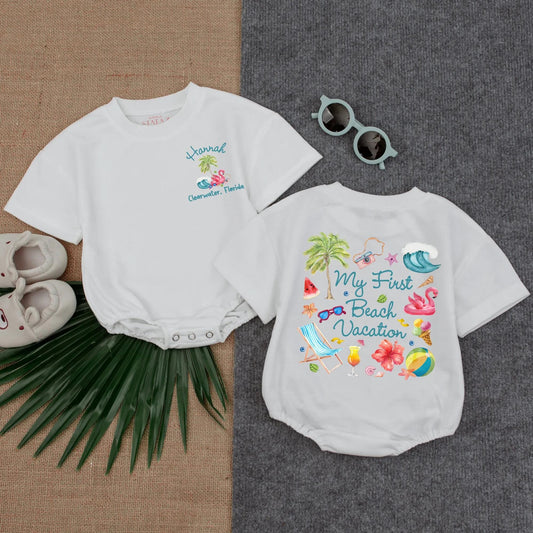 My First Beach Vacation Baby Romper, Clearwater Florida Design, Summer Infant Clothes, Personalized Beach Bodysuit, Playful Vacation Outfit, Short Sleeve