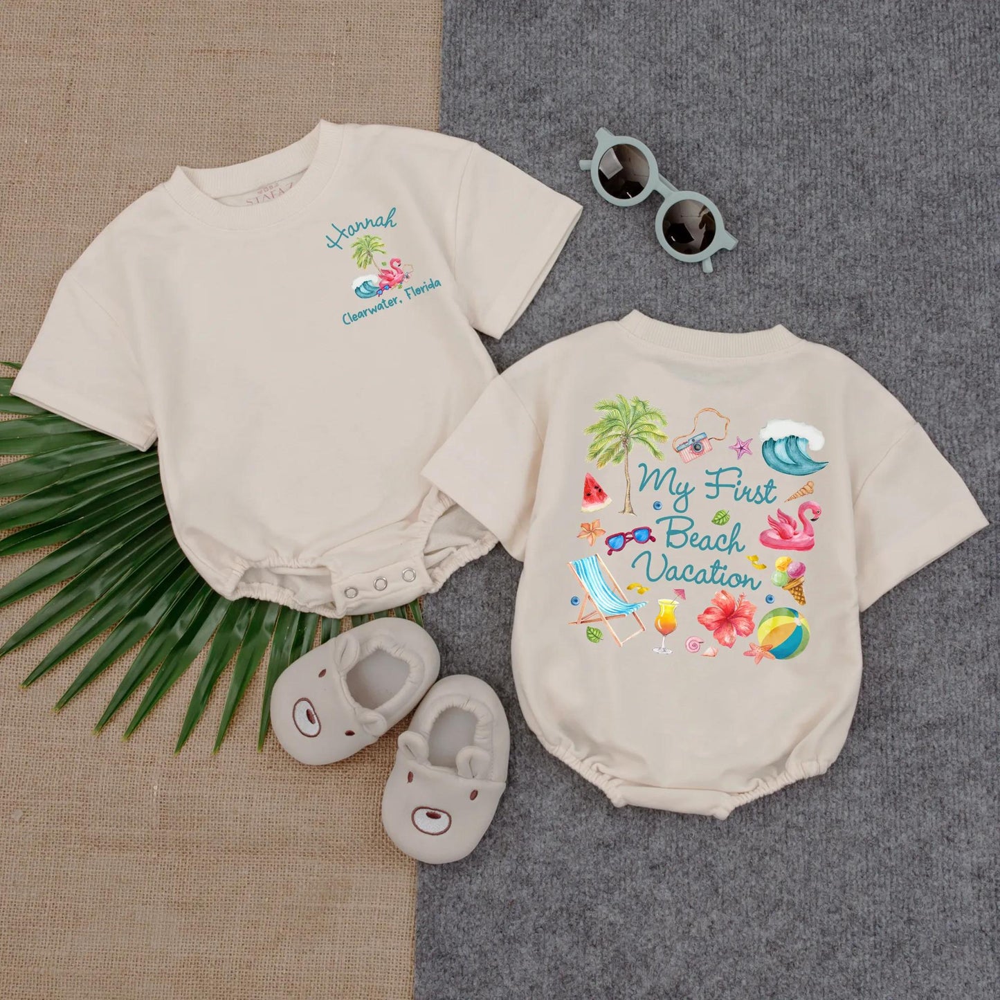 My First Beach Vacation Baby Romper, Clearwater Florida Design, Summer Infant Clothes, Personalized Beach Bodysuit, Playful Vacation Outfit, Short Sleeve