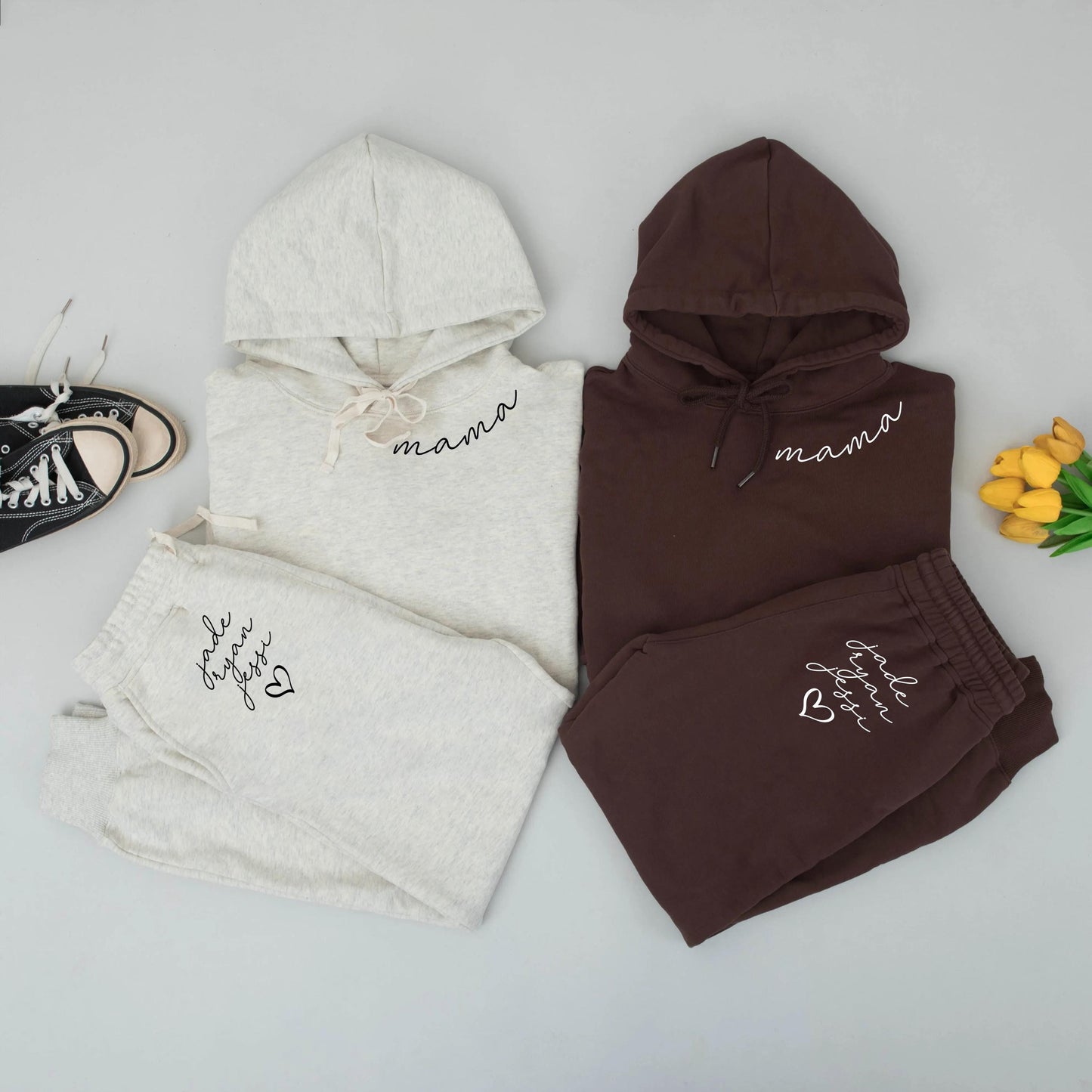 Custom Mama Hoodie and Sweatpants Set with Kid Names Minimalist Heart Design Comfortable Cotton Soft Everyday Wear Perfect Mom Gift