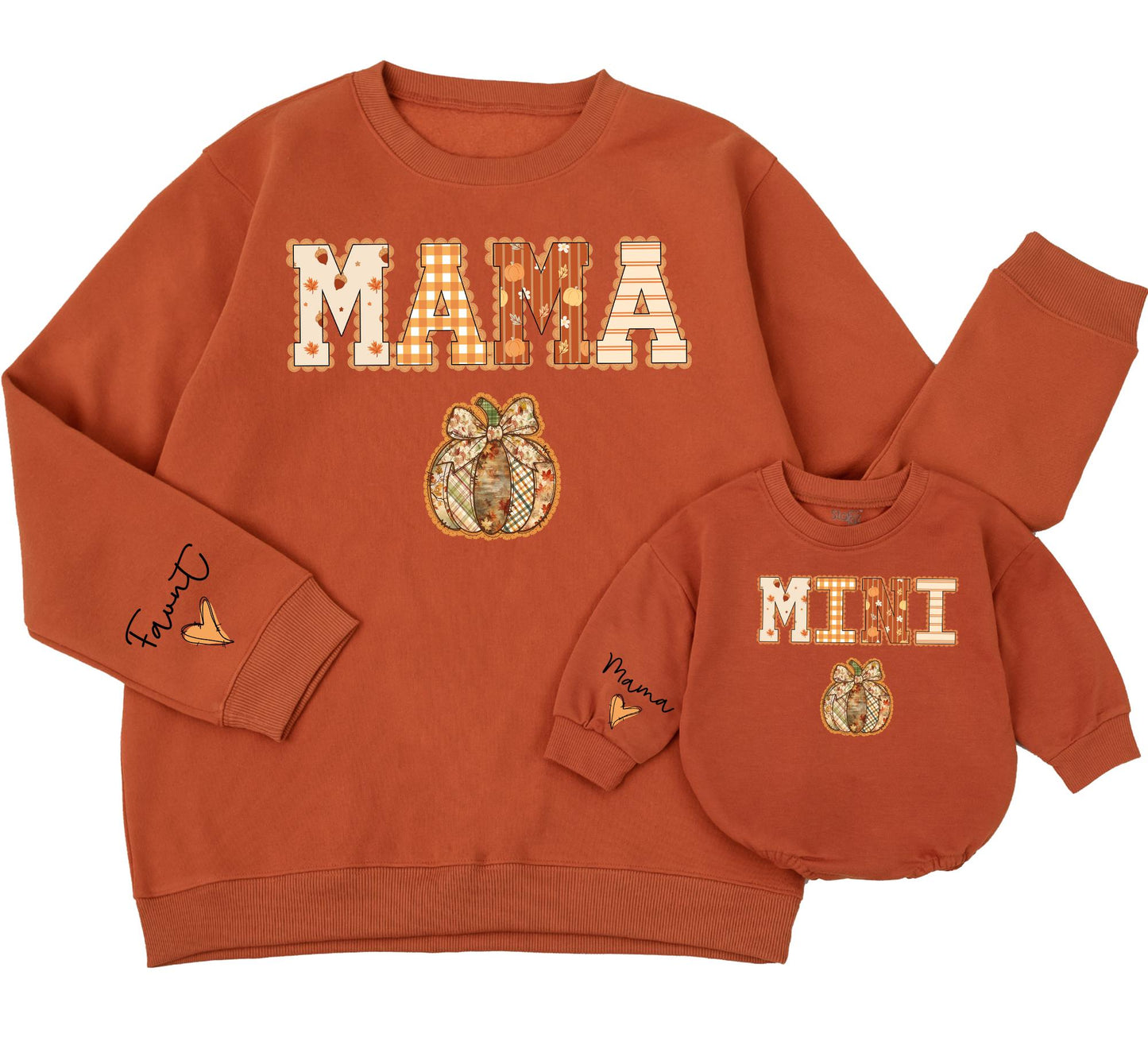 Mommy and Me Matching Fall Sweatshirts Mama Mini Pumpkin Lace Plaid Rustic Design with Autumn Leaves for Cozy Mom Daughter Halloween