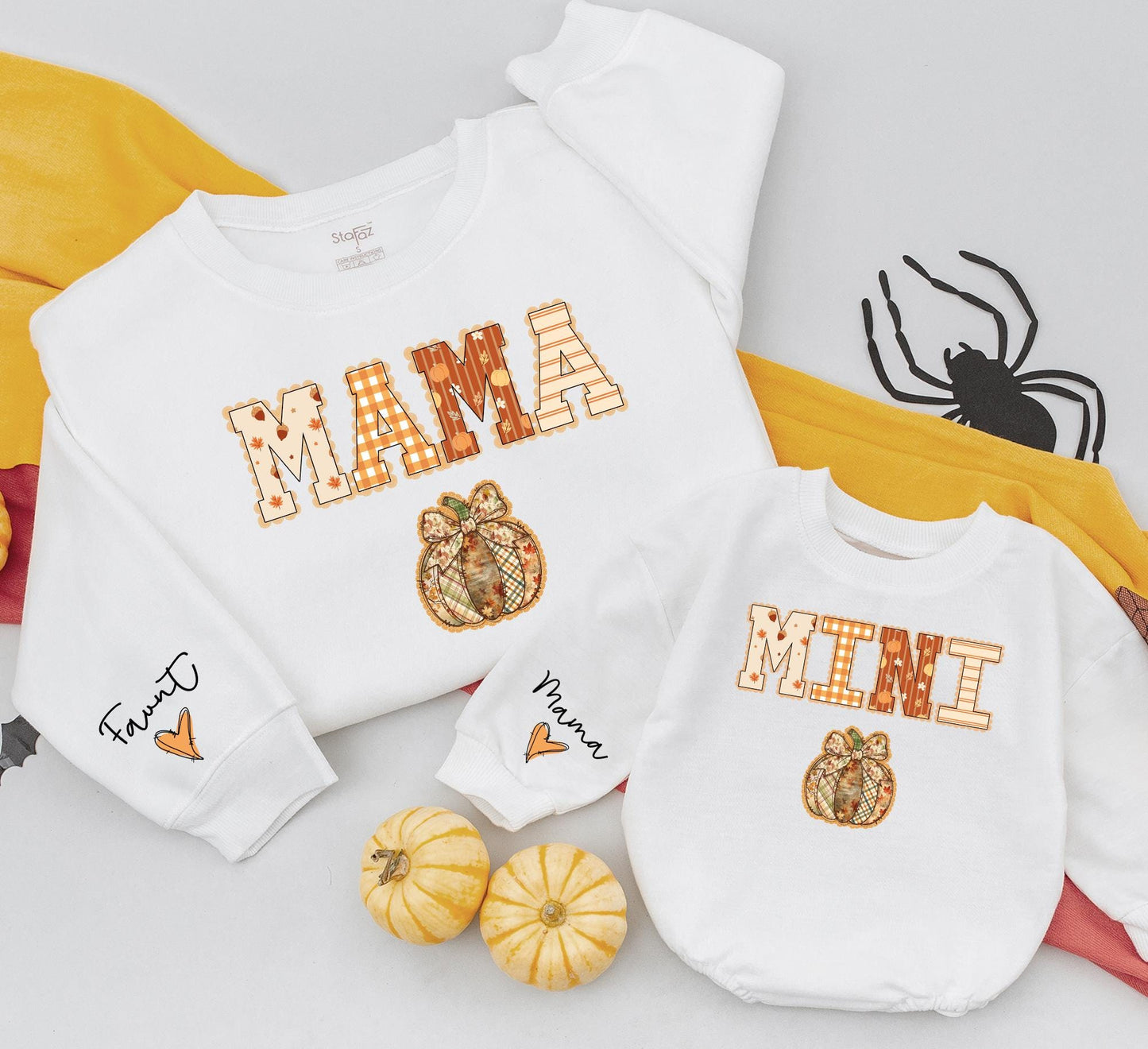 Mommy and Me Matching Fall Sweatshirts Mama Mini Pumpkin Lace Plaid Rustic Design with Autumn Leaves for Cozy Mom Daughter Halloween
